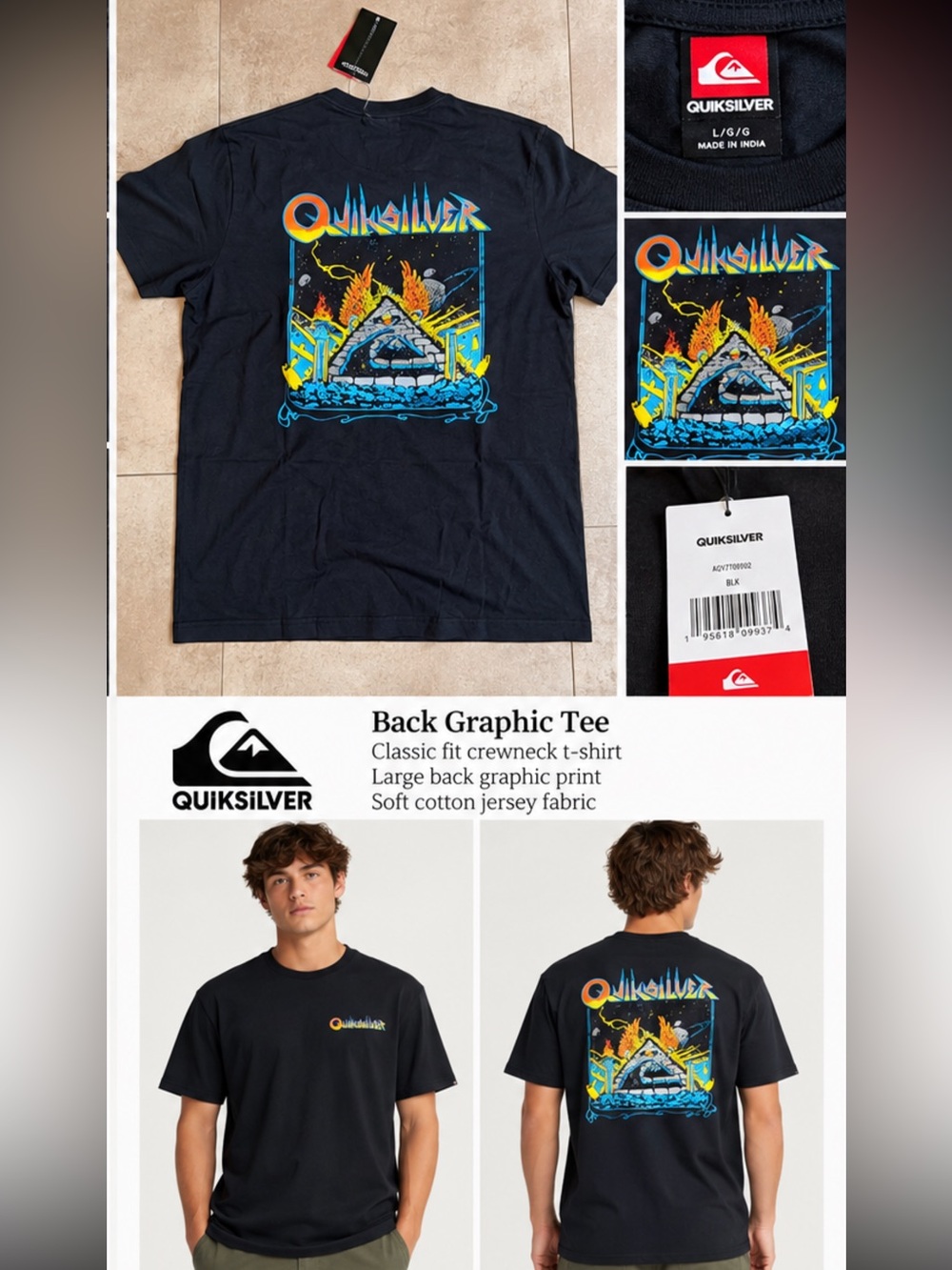 Quiksilver Black Tee with Neon Surf Pyramid Back Graphic NWT